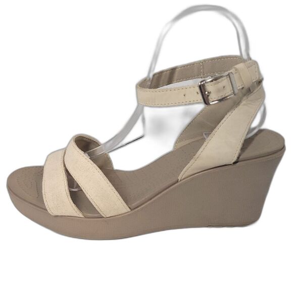 Crocs Women's Leigh II Cross-Strap Ankle Wedges Sandal, Oatmeal/Mushroom Size 10 - Picture 1 of 12
